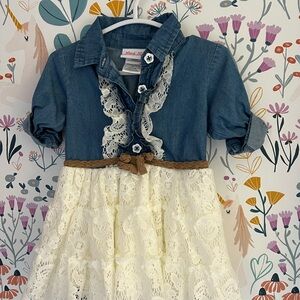 Denim and Lace Dress with Brown Belt